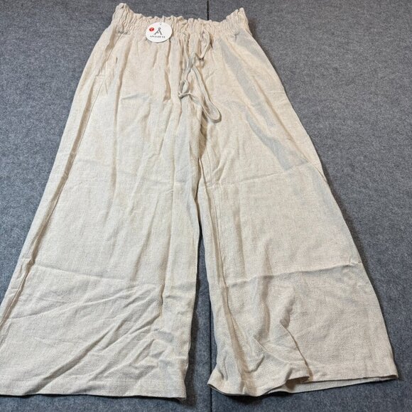Anrabess Pants Womens Large Beige Rayon Capri Wide Leg High Rise Elastic Waist - Picture 1 of 7